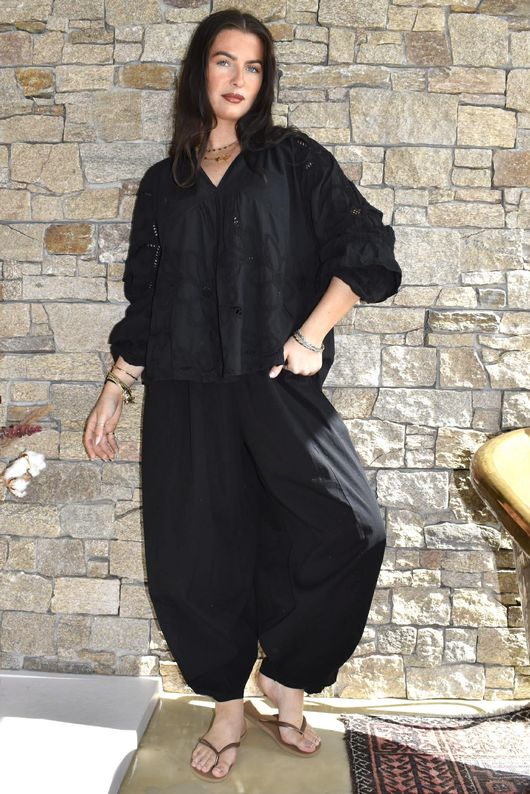 Ida Embroidered Smock Blouse Black 